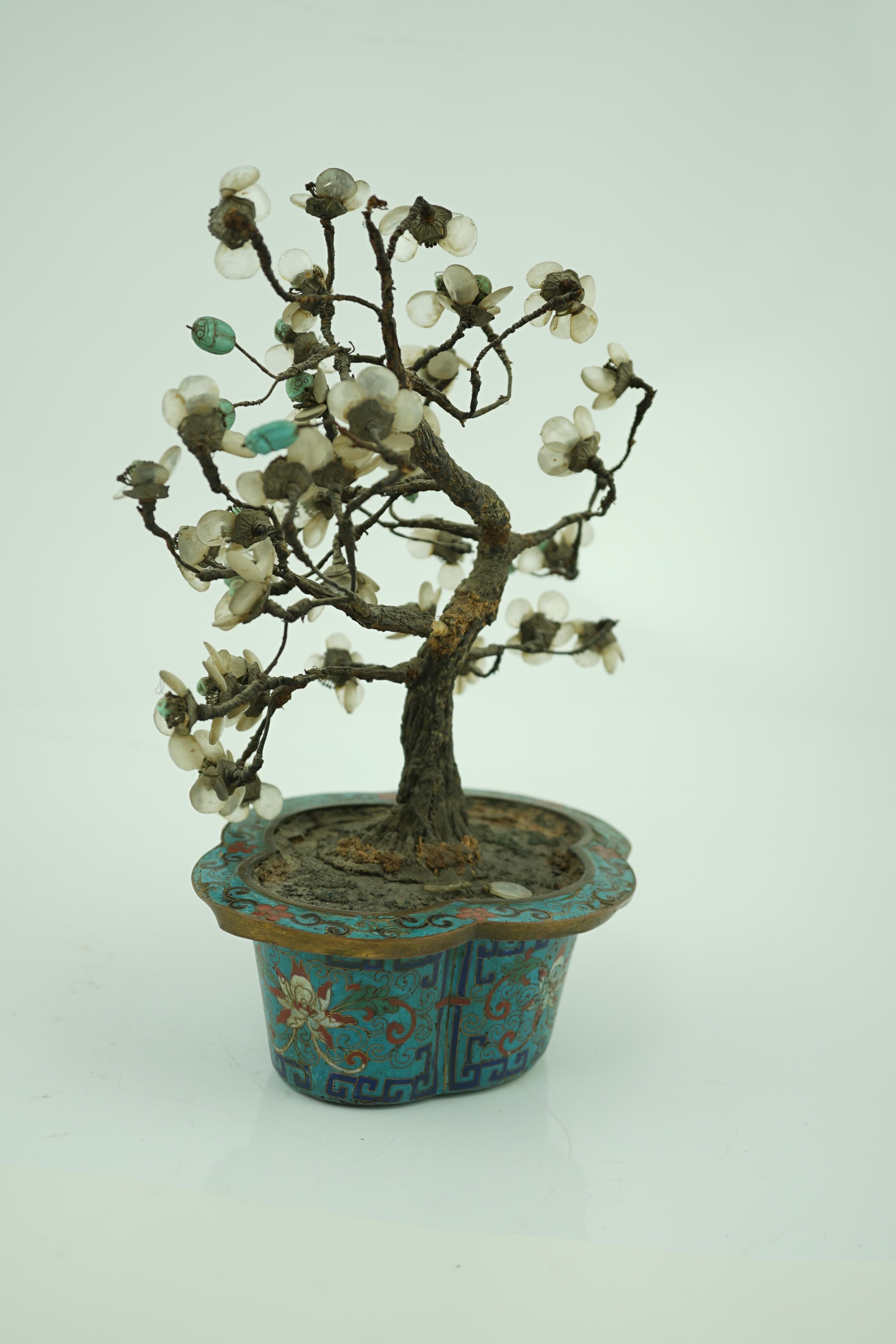 A Chinese cloisonné enamel jardiniere housing a glass mounted model tree, 19th century